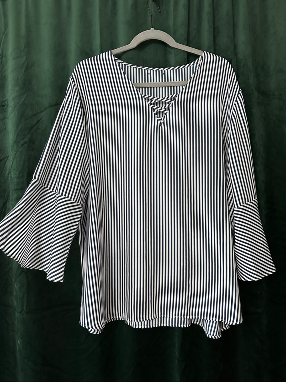 Striped Dark Navy & White Bell-Sleeve Women's Top